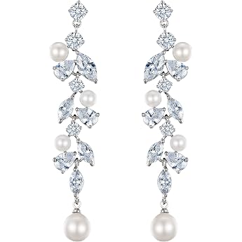 Earrings Cubic Zirconia Simulated Pearl Teardrop Long Stud Earrings for Wedding Bride