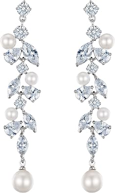 EleQueen Cubic Zirconia Simulated Pearl Teardrop Dangle Earrings Jewelry for Wedding Bridal