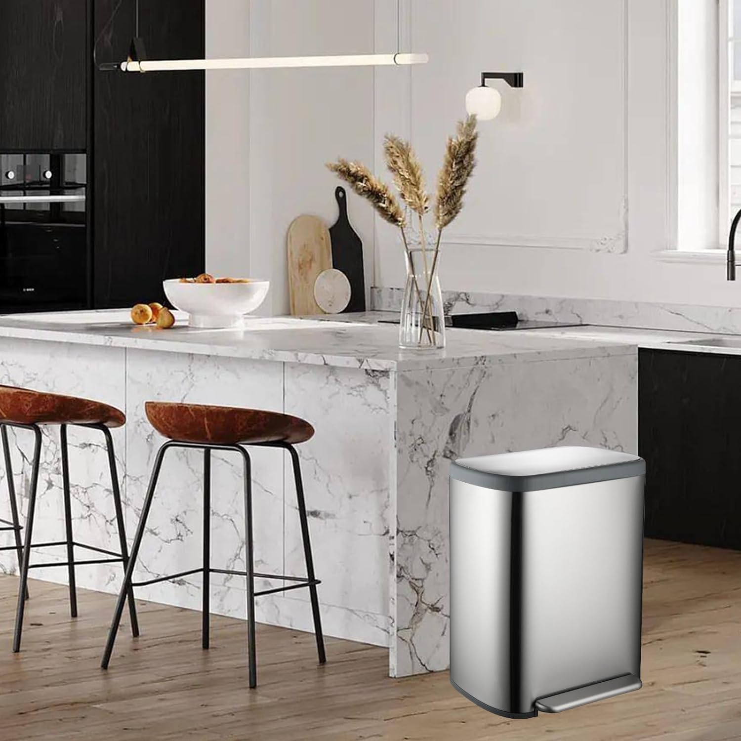 KITCHEN MOVE Poubelle de cuisine à pédale tri sélectif recyclage 60L(30L+30L) EMPIRE en acier Inox brossé avec seau