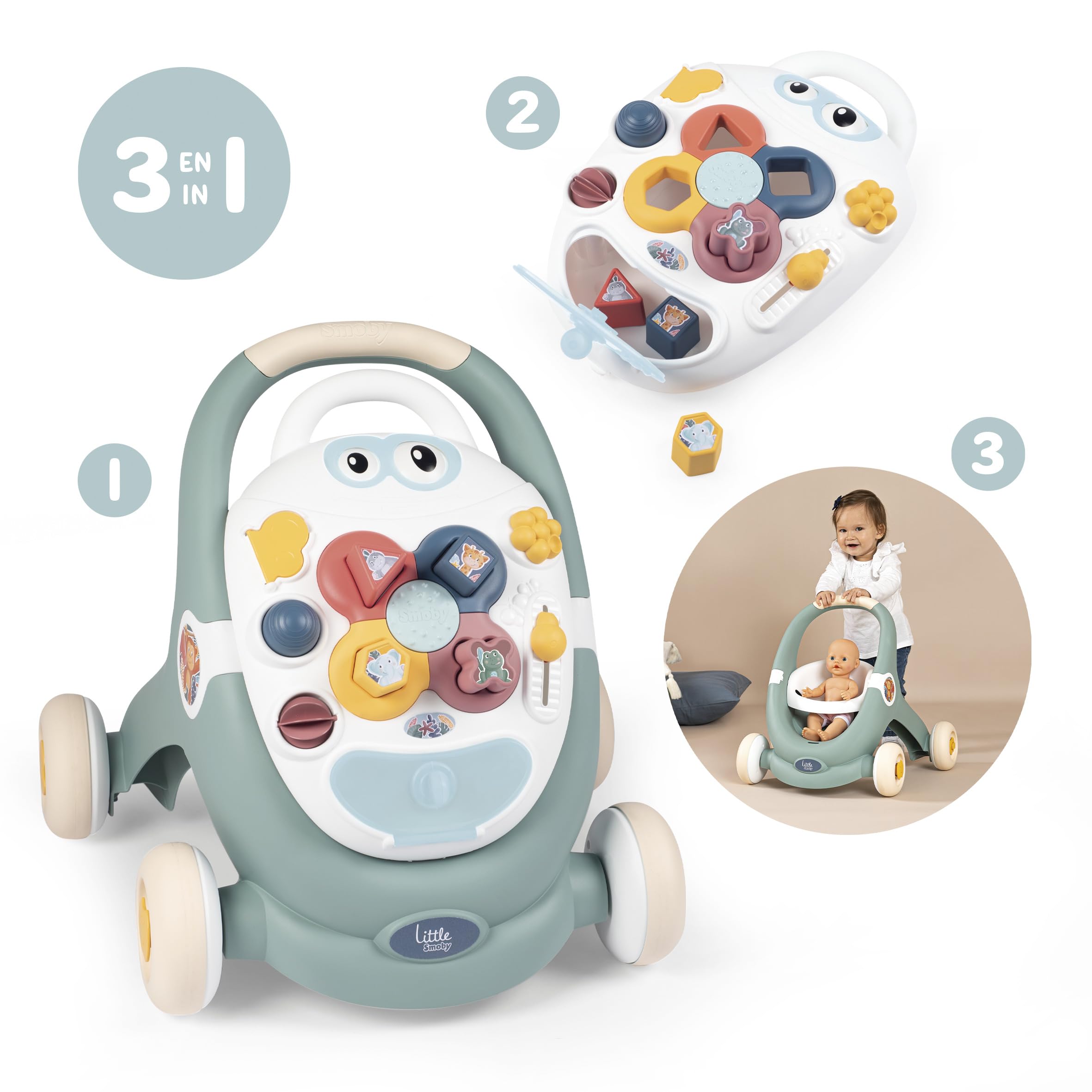 Little Smoby - Trotty 3 in 1 - Girello - Ausilio per la deambulazione - Tablet attività - Passeggino - Sistema frenante - Dai 12 mesi - Prodotto in Francia