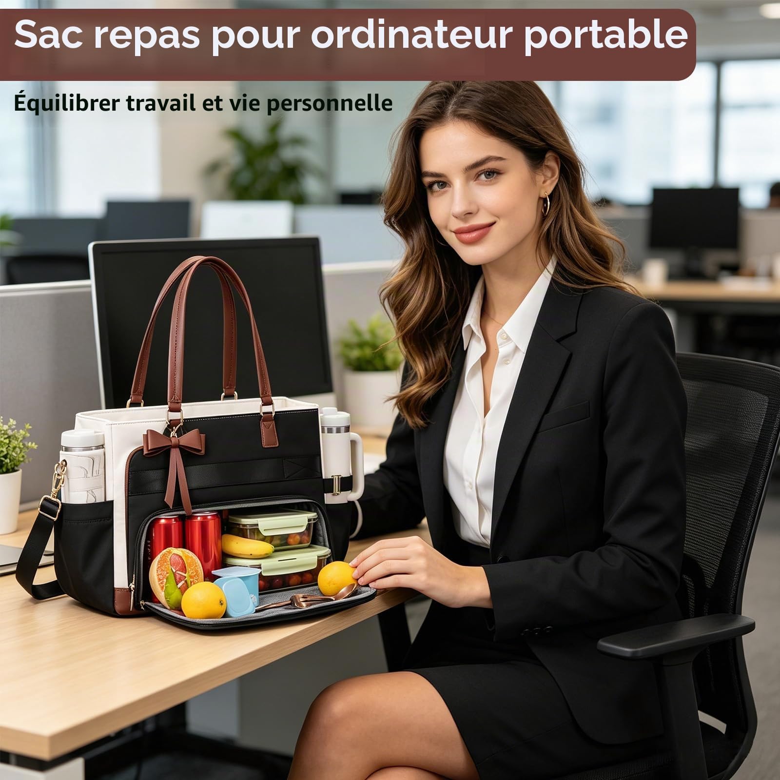 Sac Ordinateur Portable Femme avec Boîte à Déjeuner, Grand Sacs a Main Bandoulière de Courses et Cabas, Tote Bag pour Les Cours Lycee, Pour Travail étudiant Université Voyages