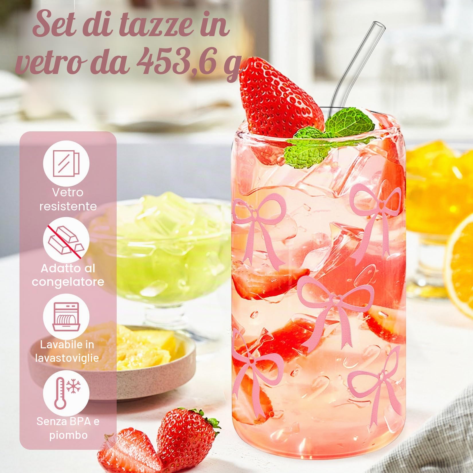 1 tazza di vetro Bow da 500 ml con coperchio e cannuccia da 16 once, per caffè, bibite, cocktail e molto altro ancora