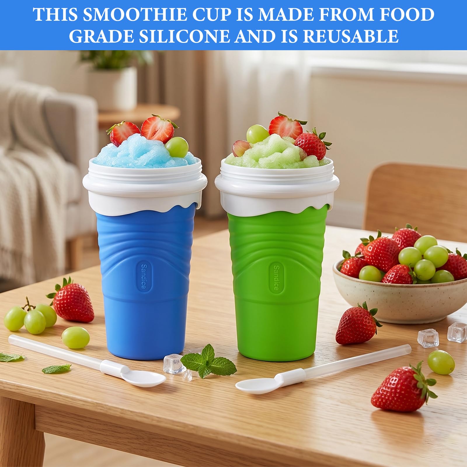 Slushy Maker in Silicone da 500 ml, Tazza per Slush e Granita e Smoothie Fatto in Casa, Con Cucchiaio-Cannuccia 2 in 1 e Spazzola per Pulizia, Riutilizzabile, per Casa, Picnic e Campeggio (Blu)
