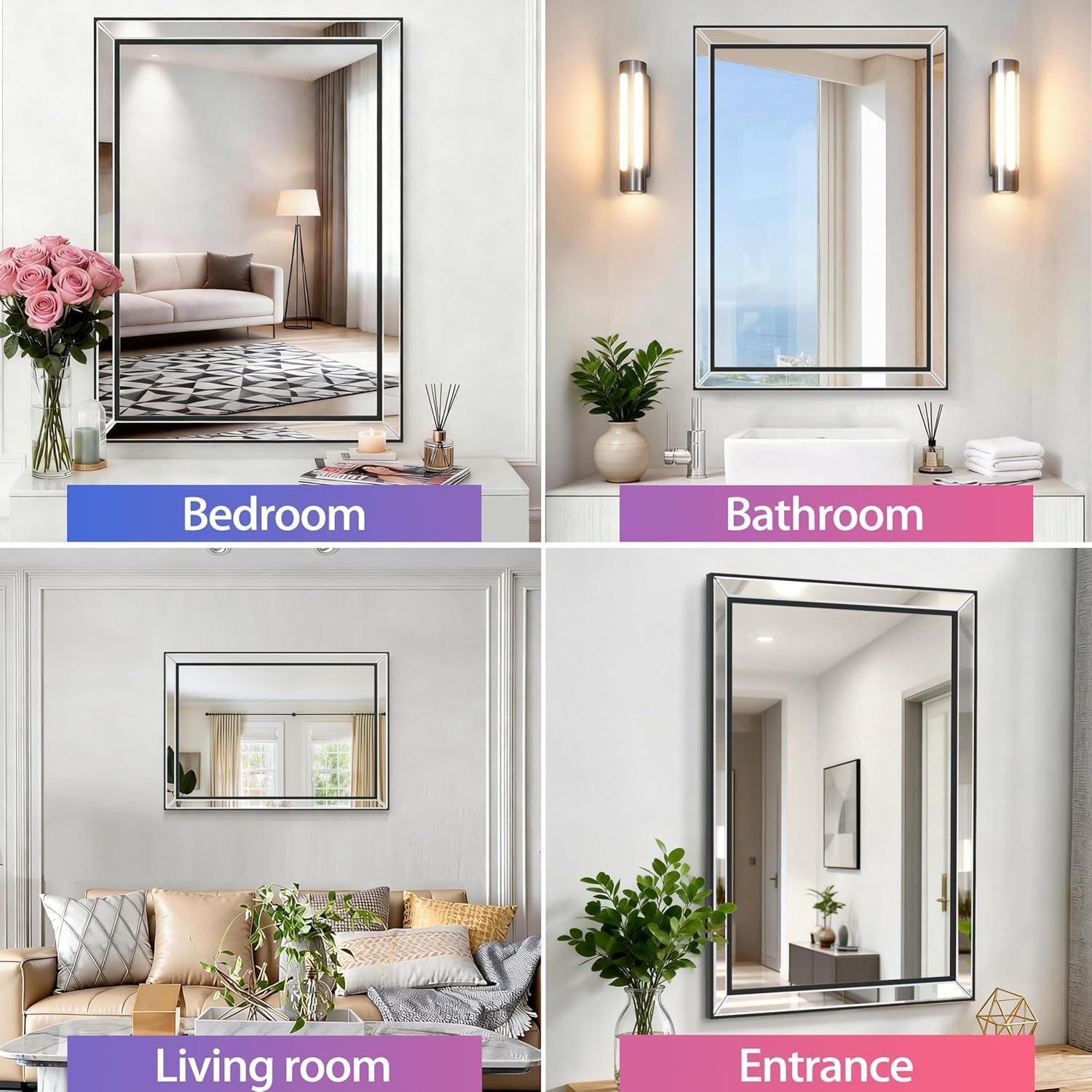 30X22 Inch Black Bathroom Mirror with Double Layer Beveled Edge, Framed Rectangular Vanity Wall Bathroom Mirrors for Over Sink, Bedroom, Living Room, and Hotel, Anti-Corrosion & Easy to Install