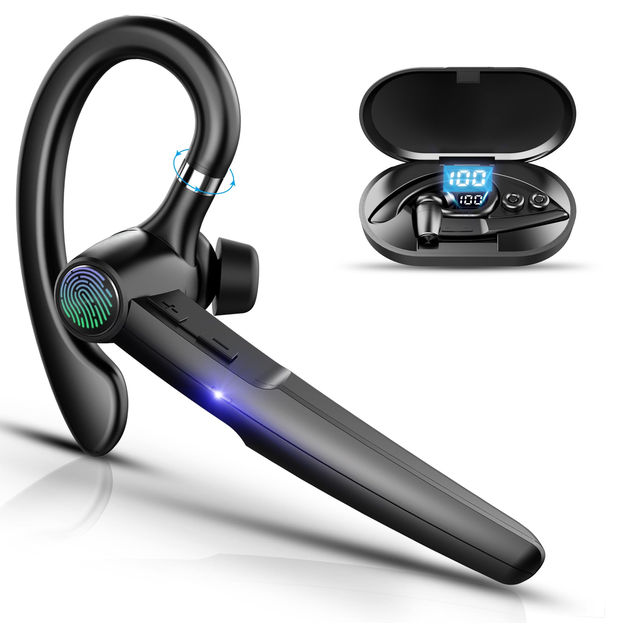 Écouteur Bluetooth V5.3 Mains Libres avec Microphone, autonomie Extensible jusqu'à 60 Heures, oreillette sans Fil Unique avec étui de Chargement LED, Noir