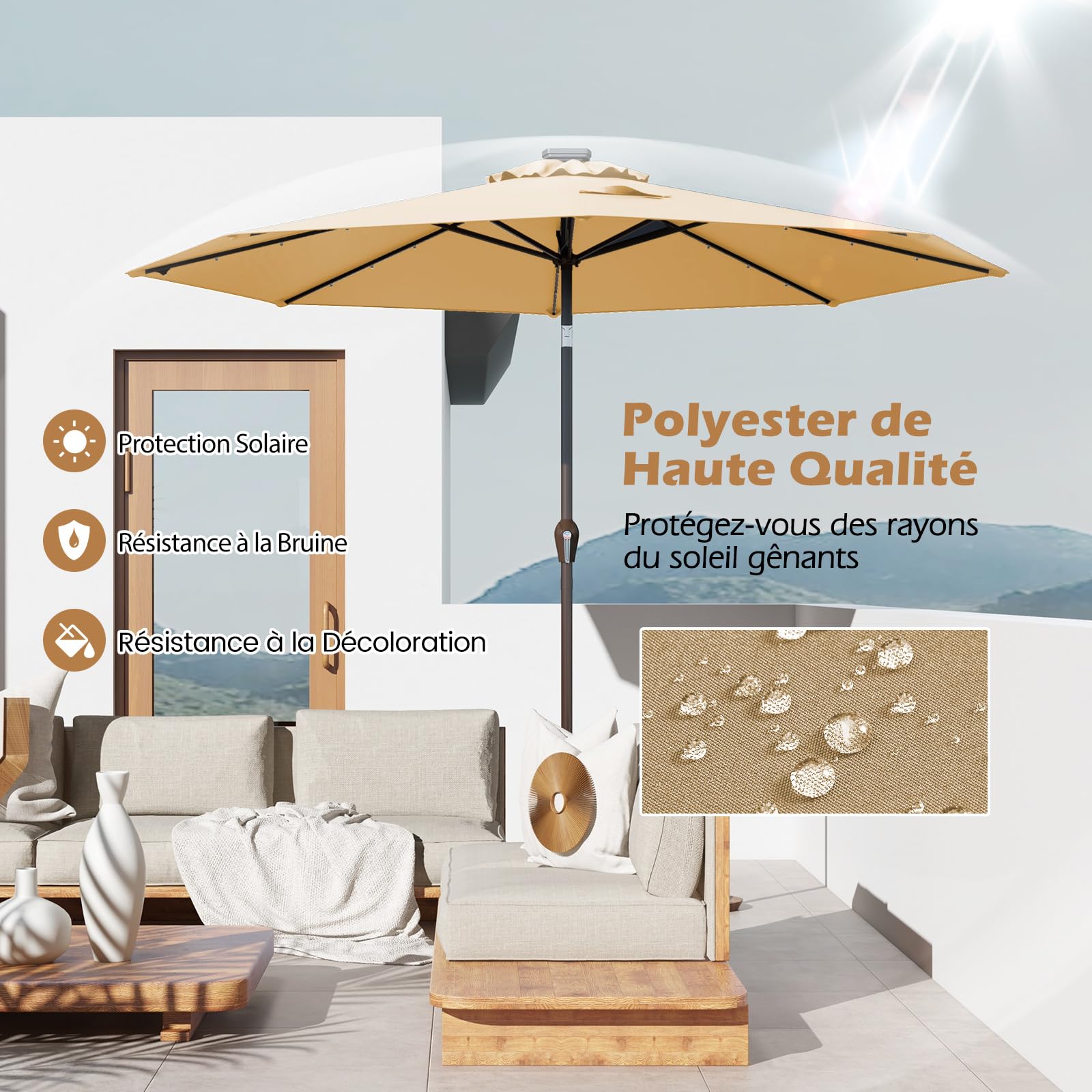 RELAX4LIFE Parasol Inclinable LED Dia.3M avec Éclairage Solaire, 8 Baleines, Inclinaison Réglables Parasol de Jardin Extérieur pour Balcon Terrasse Patio Café Bistro (Beige, Φ300x250cm)