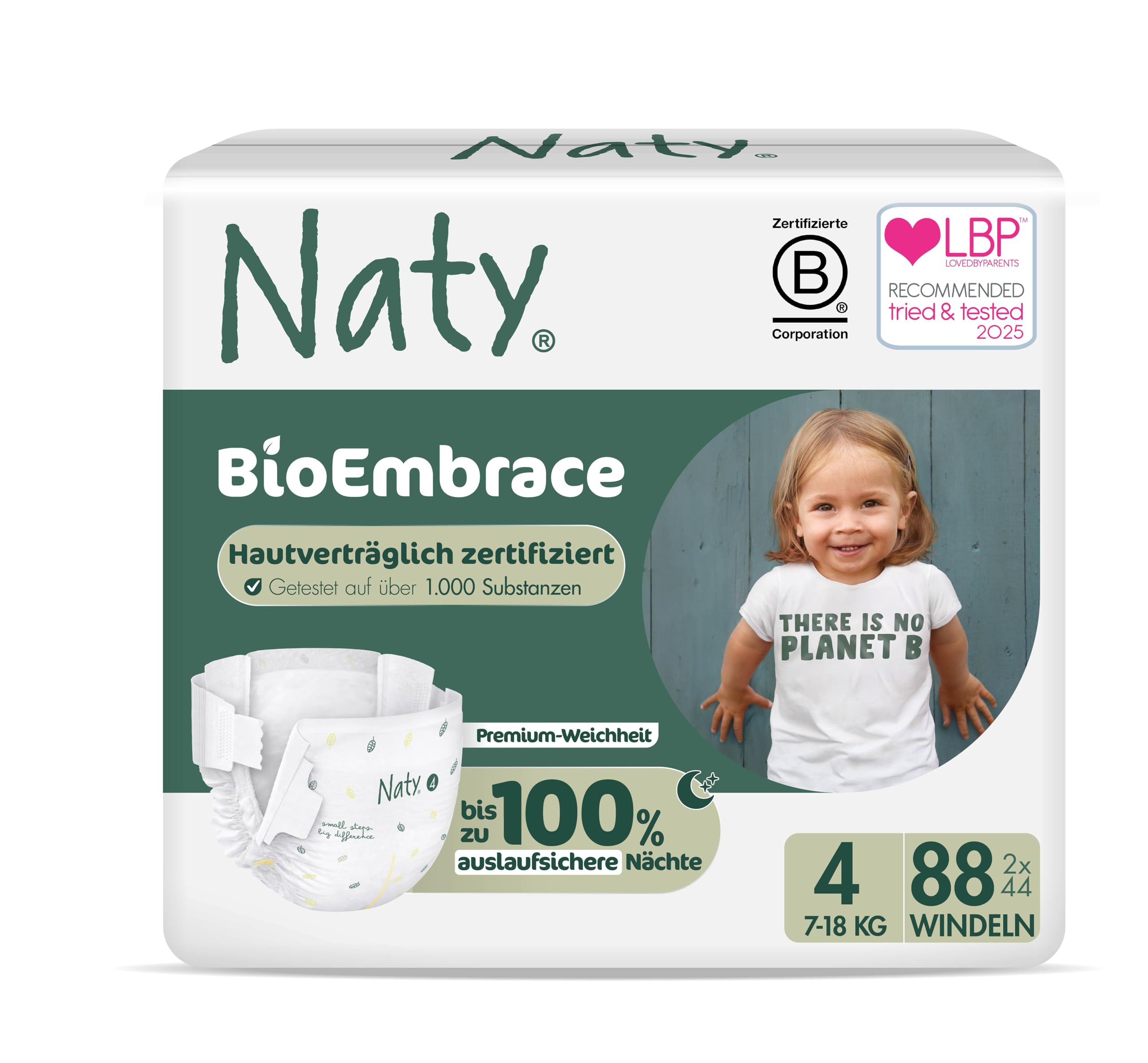 Naty BioEmbrace Baby Windeln | Zertifiziert hautfreundlich für empfindliche Haut | Bis zu 100% Auslaufschutz | Pflanzenbasiert & weicher Premium-Komfort | Chlorfrei | Größe 4 (7–18 kg), 88 Stück