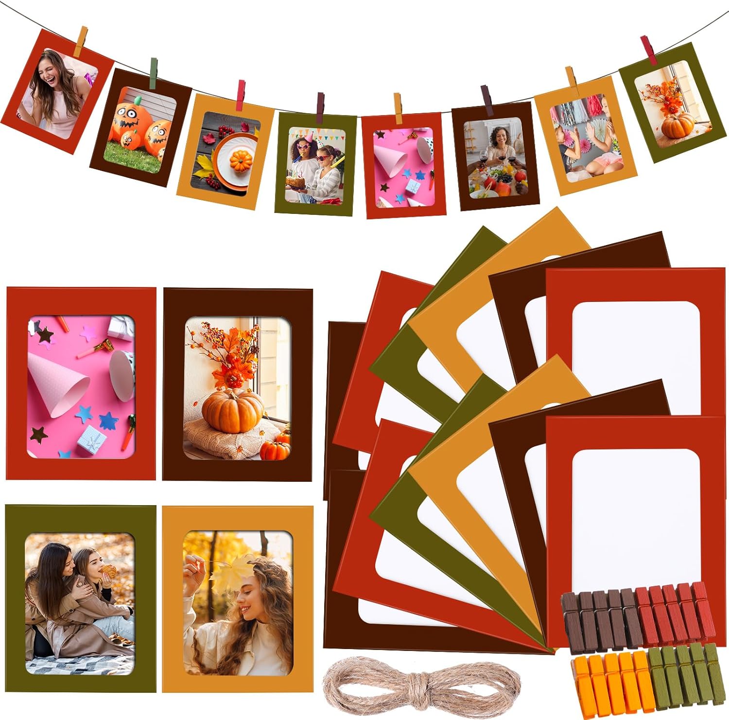 Janlaugh 100 Pcs Fall Paper Photo Frames 4x6 Fall Paper Frame with 100 Clip 10 String Kit DIY Hanging Cardboard Photo Holder Thanksgiving Wall Decor Wedding Home 4 Color Fall