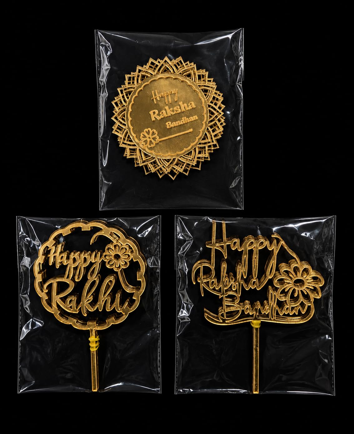 Happy Rakhi & Raksha Bandhan Gold Acrylic Cake Toppers | Pack of 3, Gold Finish, Acrylic Material, Cake Decoration, Festival Theme-image-40