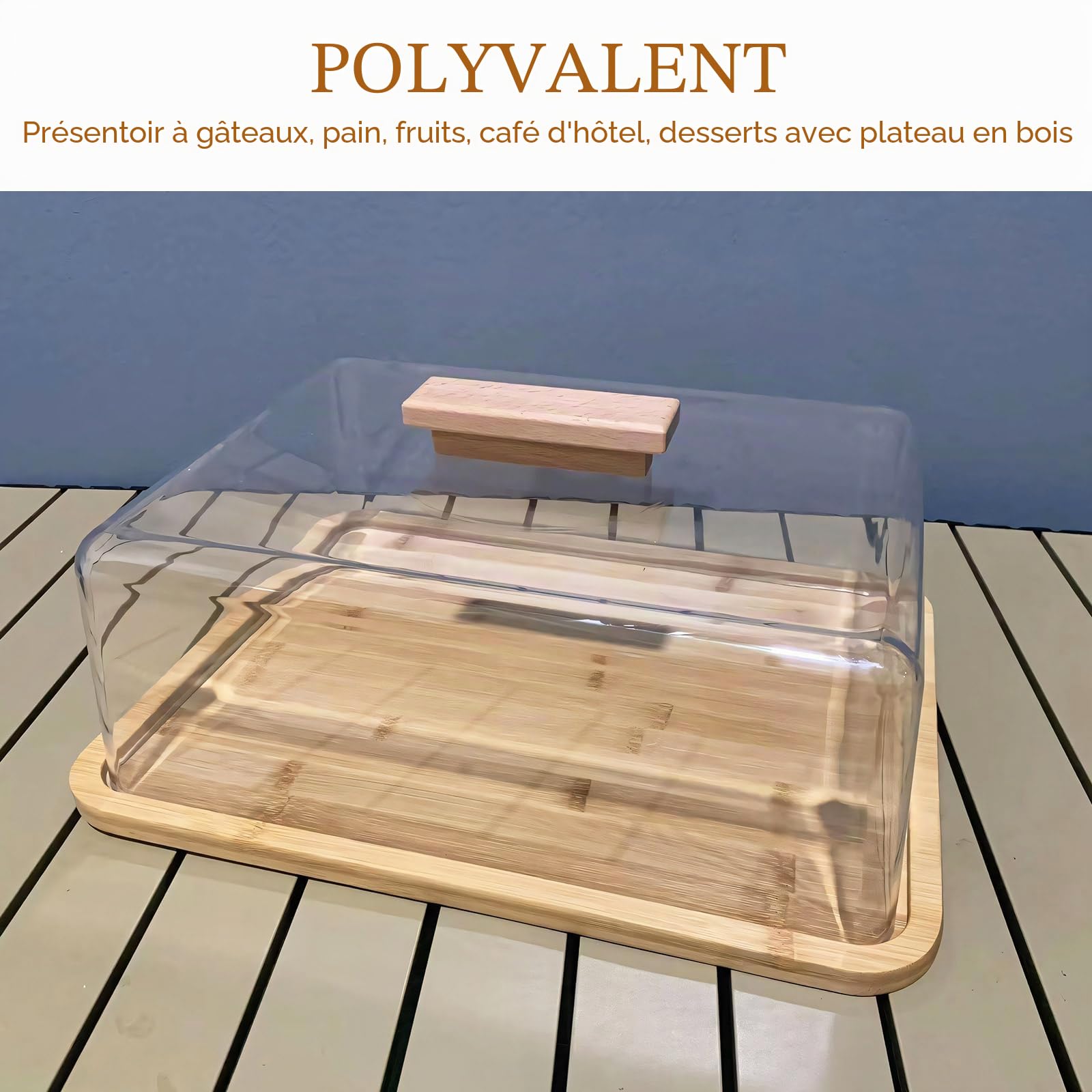 Présentoir à Gâteau, 36x27x12cm (LxlxH) Cloche Gateau en Bambou avec Transparent Dôme en Acrylique, Presentoir Gateau pour Dessert, Pâtisserie, Gâteau, Fromage, Rectangulaire