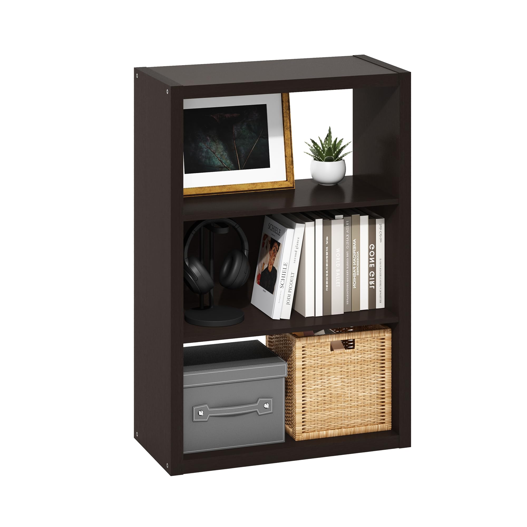 Furinno Viola 3-Tier Book Shelf, Extra Thick Frame Bookshelf, Dark Oak