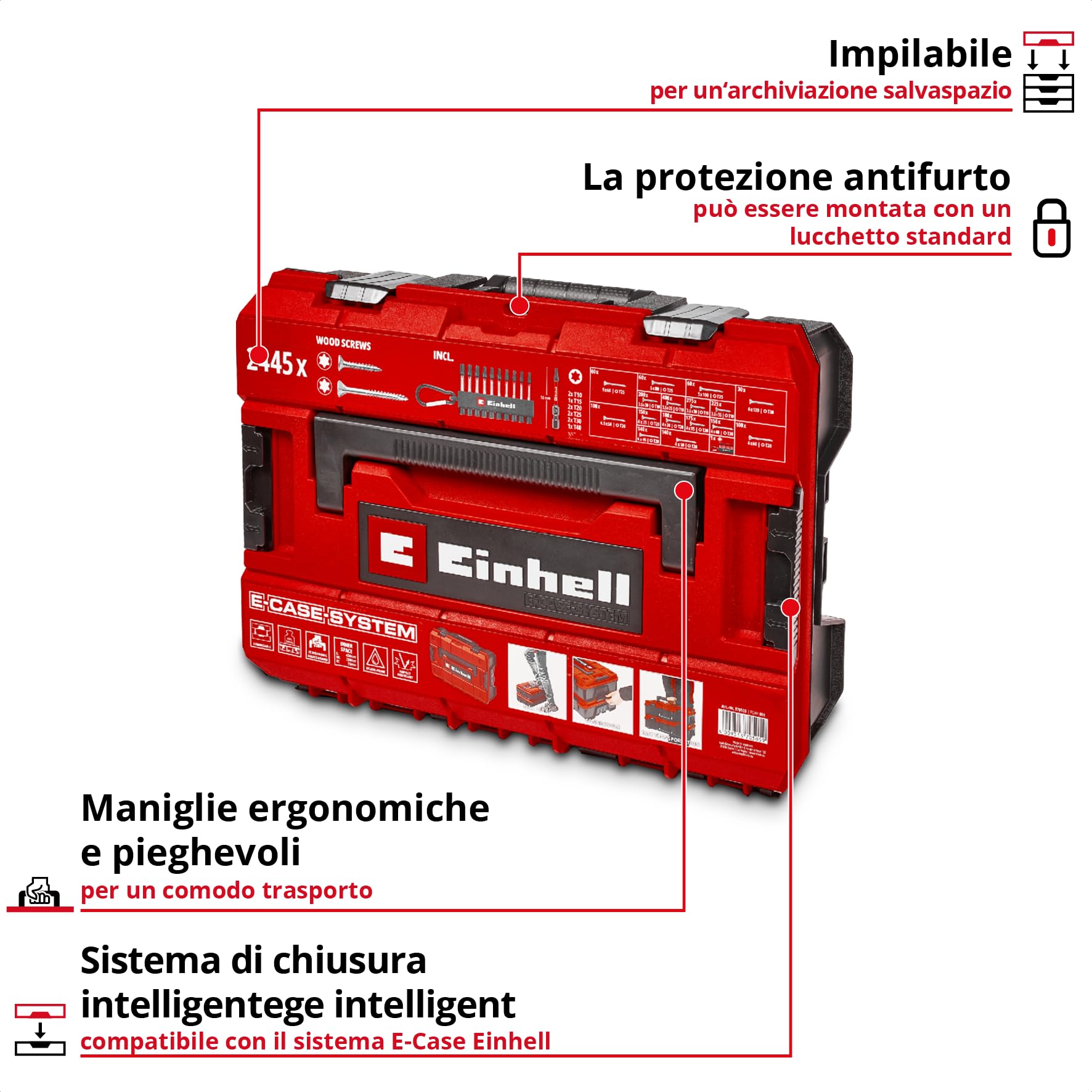 Einhell E-Case 2445 pezzi set di viti | Viti universali | T10-T30 | testa svasata | lunghezza 20-120 mm | valigetta di sistema | incl. set di 10 inserti a impatto
