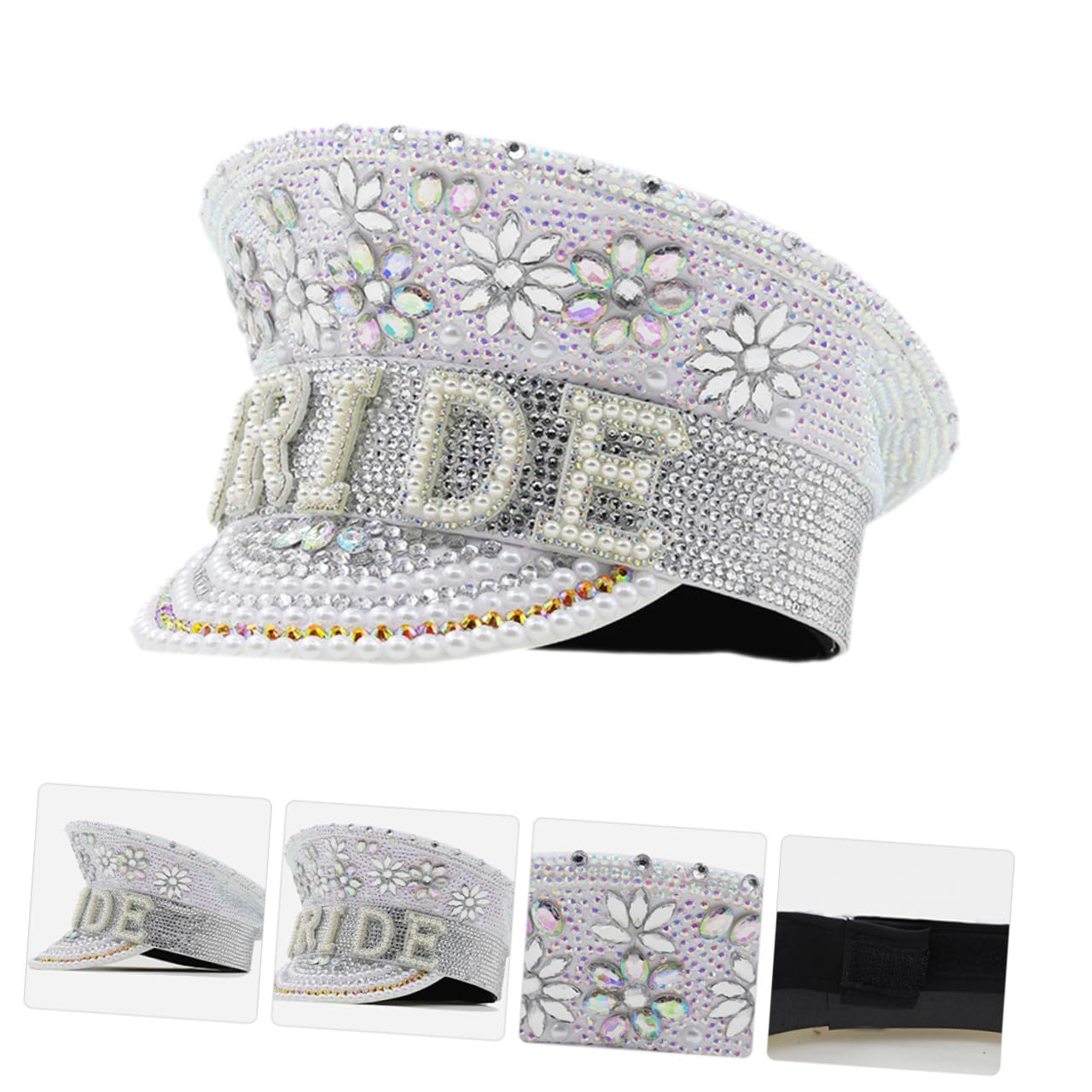FOMIYES Sombrero de Capitán con Gemas de Imitación para Novia y Despedida de Soltera, Talla Única Ajustable, Accesorio para Bodas y Fiestas, Elegante Sombrero Plano para Fotografía
