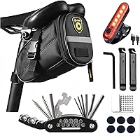 Vista 11 de Kit de herramientas de reparación de bicicletas con mini bomba de bicicleta, bolsa de sillín de bicicleta con luz trasera, multiherramienta