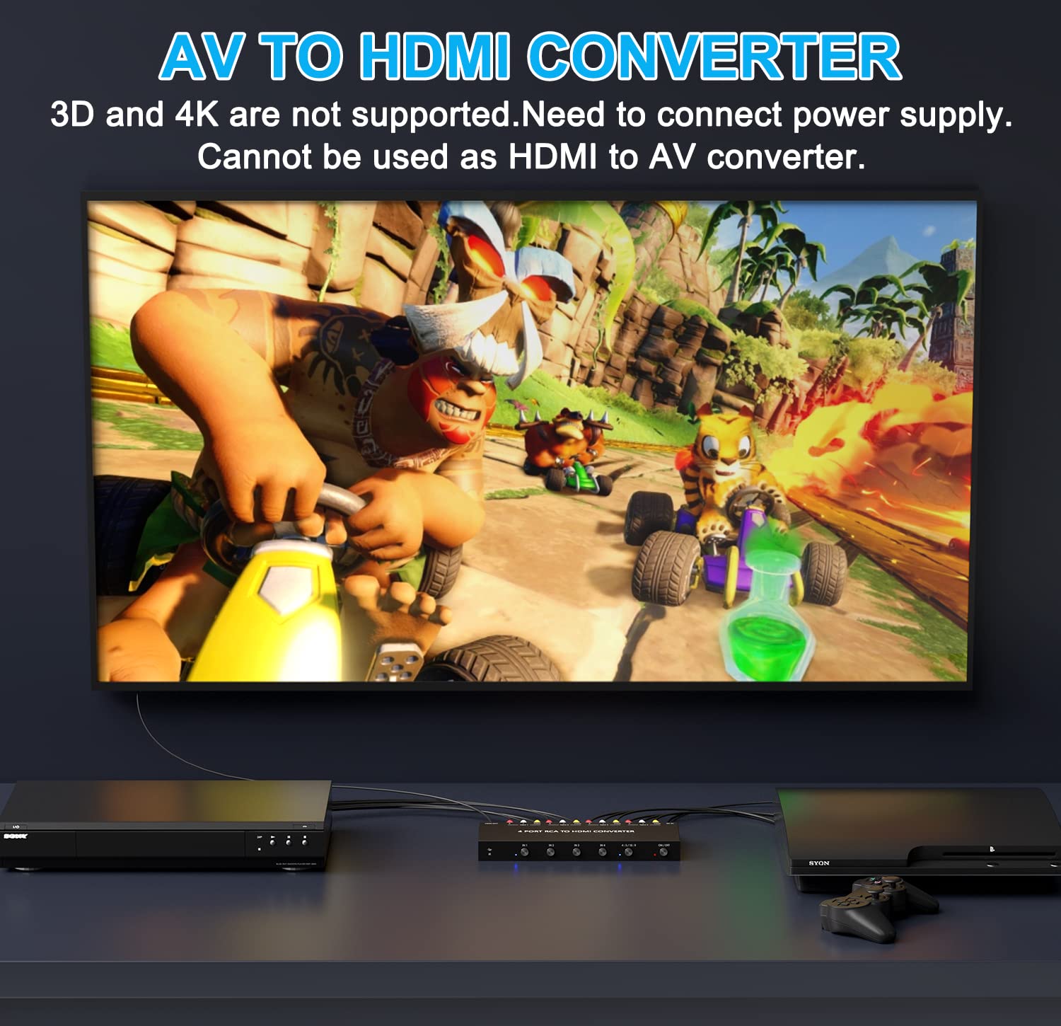 LVY Convertitore da RCA a HDMI a 4 porte Adattatore da AV a HDMI Adattatore da RCA a HDMI Supporto 16:9/4:3 Compatibile con WII, N64, PS2, VHS, lettori DVD VCR ecc. (ingresso 4AV 1 uscita HDMI)