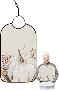 Kewadony Adult Bibs for Elderly Women - Thanksgiving Waterproof Dining Clothing Protectors with Crumb Catcher for Eating/Feeding, Watercolor White Pumpkin Fall Leaf Wheat Burlap Terry Cloth Bib