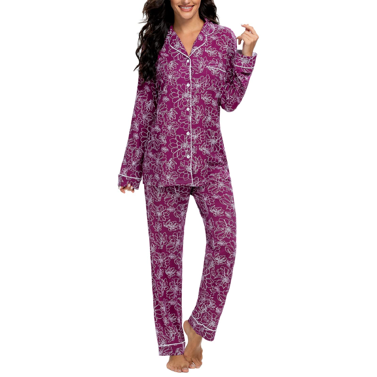 Tugege Pajamas Set Long Sleeve Sleepwear Womens Button Down Nightwear Pj Sets