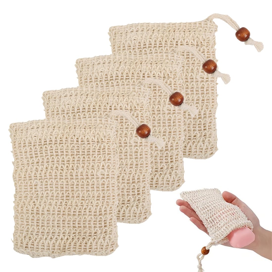 Seifensäckchen Bio, 4 Stück, Seifensäckchen Sisal, Aufschäumen und Trocknen der Seife, Baumwolle Seifenbeutel, für Haarseife, Seifenbeutel Set Seife Mesh Tasche für festes Duschgel