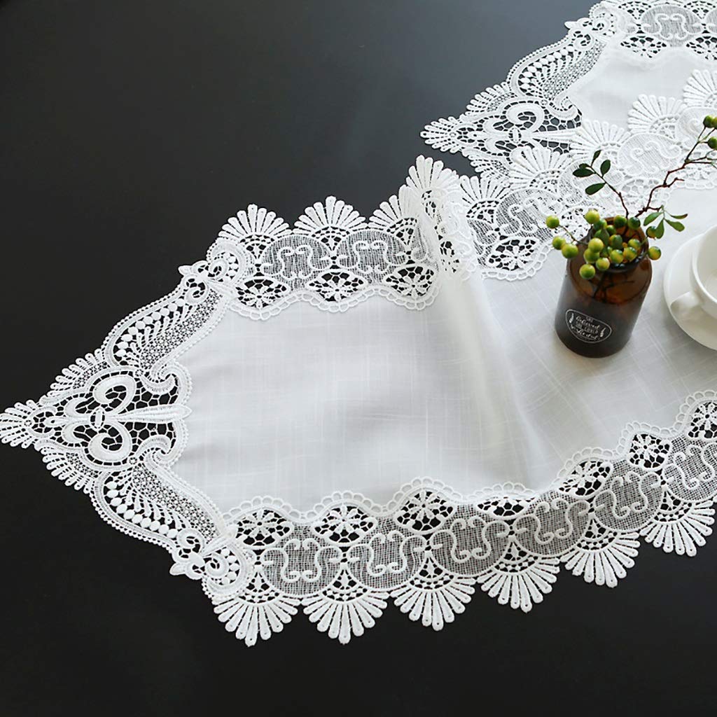Elegant und luxuriös Gestickte Spitze Braun- weiße Spitze Leinengewebe Tischläufer Overlay Gestickte Blumenspitze Stoff Tischläufer (Blanc,50 * 240cm)