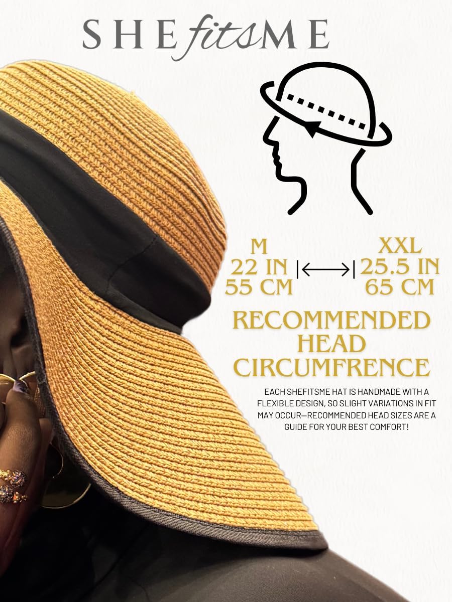 SHEfitsME Flex Beach Sun Hat for Women Satin-Lined Rollable Removable Chin Strap UPF50 Big-Head Friendly with Travel Bag