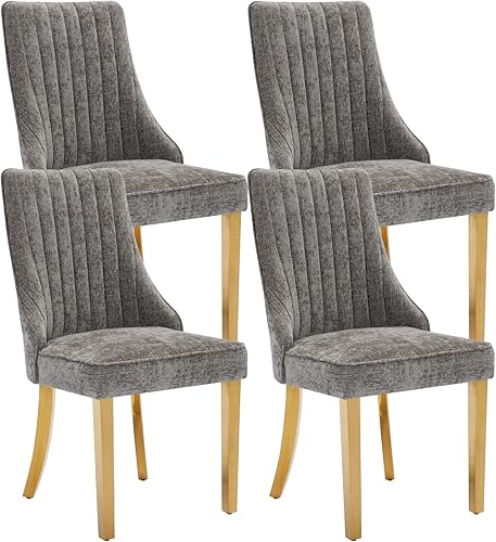 Miniatura 41 de Juego de 6 sillas de comedor, sillas de comedor de cocina con canales de lino con patas curvadas de madera maciza, silla de comedor tapizada de tela