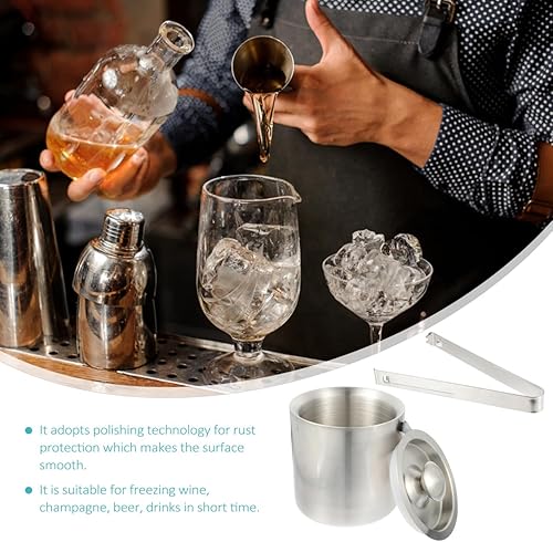 Miniatura 8 de Hemoton Cubo de hielo de acero inoxidable con pinzas de tapa y colador, barril de hielo de doble pared de 1.3 L, cubo de hielo aislado, soporte para