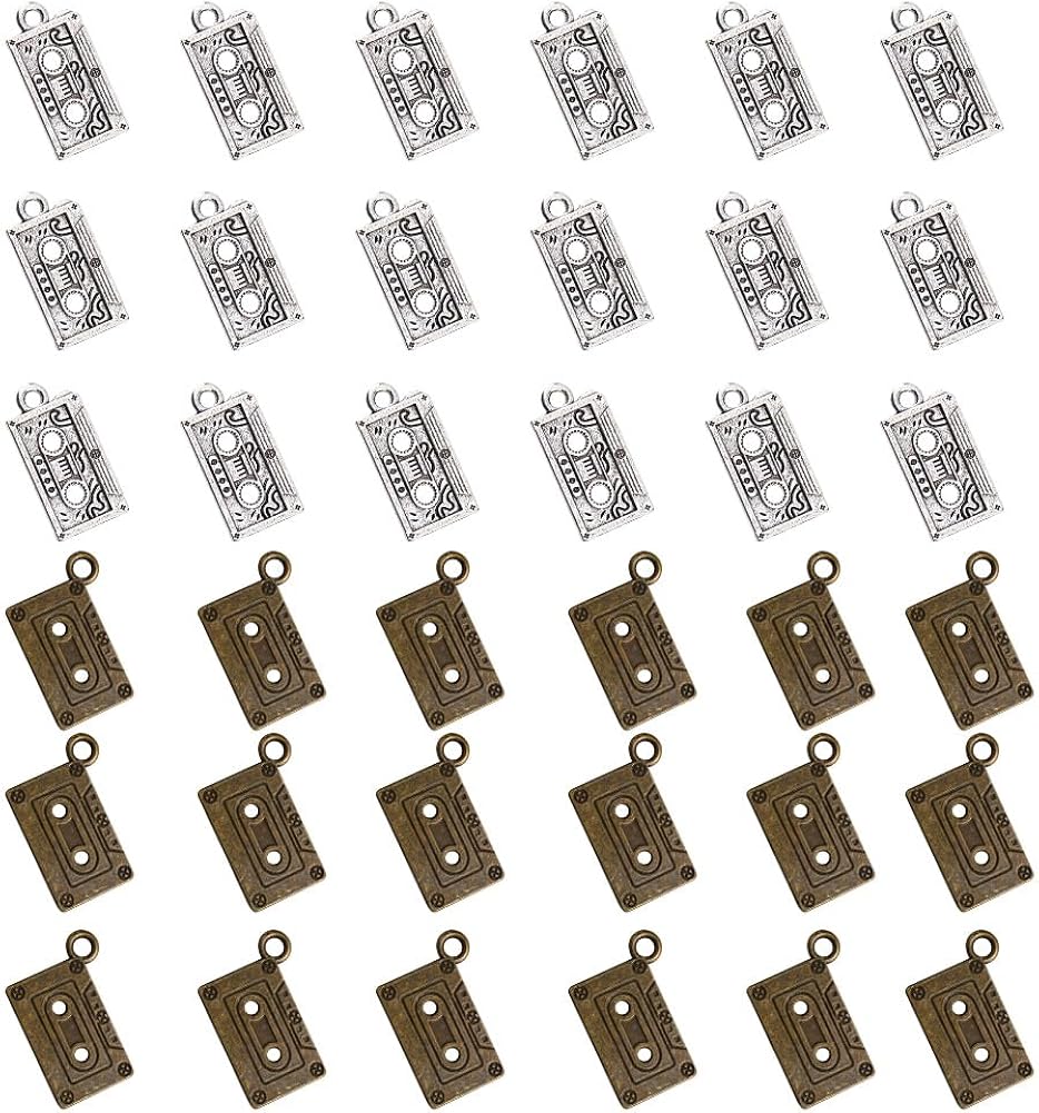 DICOSMETIC 100 dijes de cinta de casete retro, 2 colores: bronce antiguo y plata, aleación tibetana, perfectos para la fabricación de joyas y