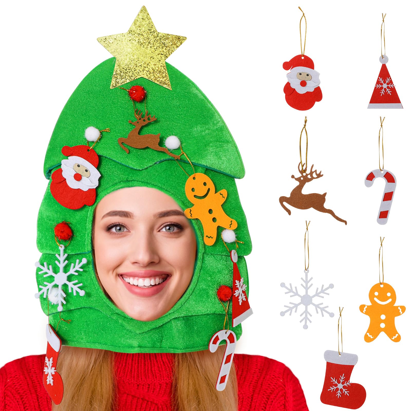 Christmas Tree Hat with 7PCS Felt Christmas Tree Ornaments Set, Funny Christmas Hats Christmas Party Hats