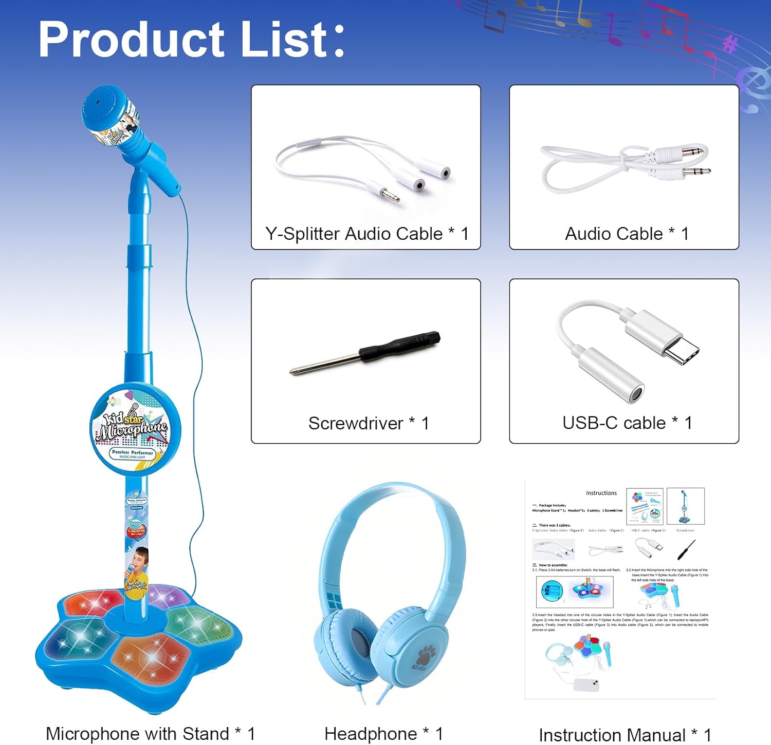 Kids Karaoke Microphone with Adjustable Stand,Standing Mic for Portable Singing, Retractable Headset for Music Sing-along,Flashing Stage Light Base for Aged 3-6 Boys Girls （Blue）