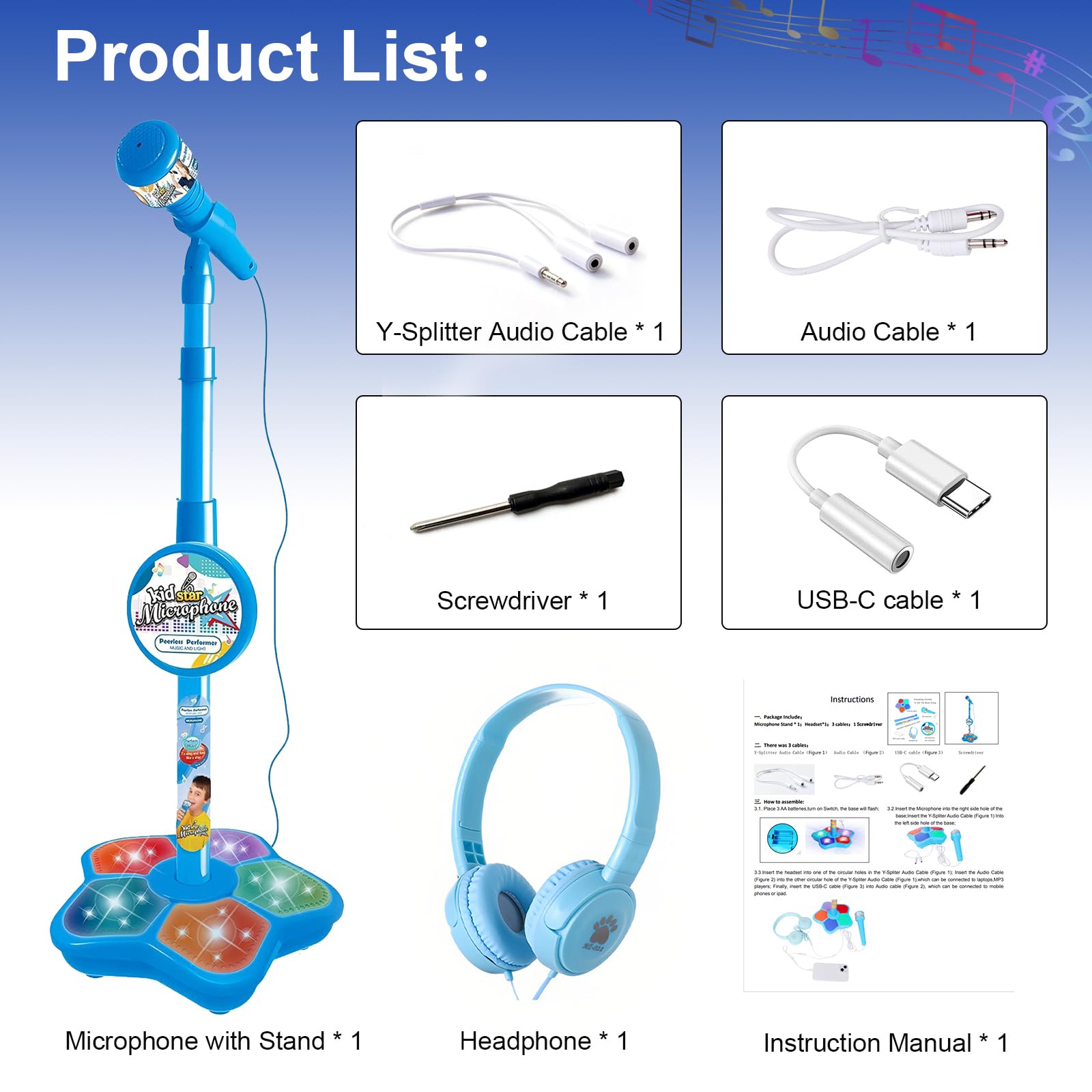 Máquina de karaoke para niños con soporte de micrófono ajustable para niños, micrófono de pie para canto portátil, auriculares retráctiles para música y cantar intermitentes, base de luz de escenario 8
