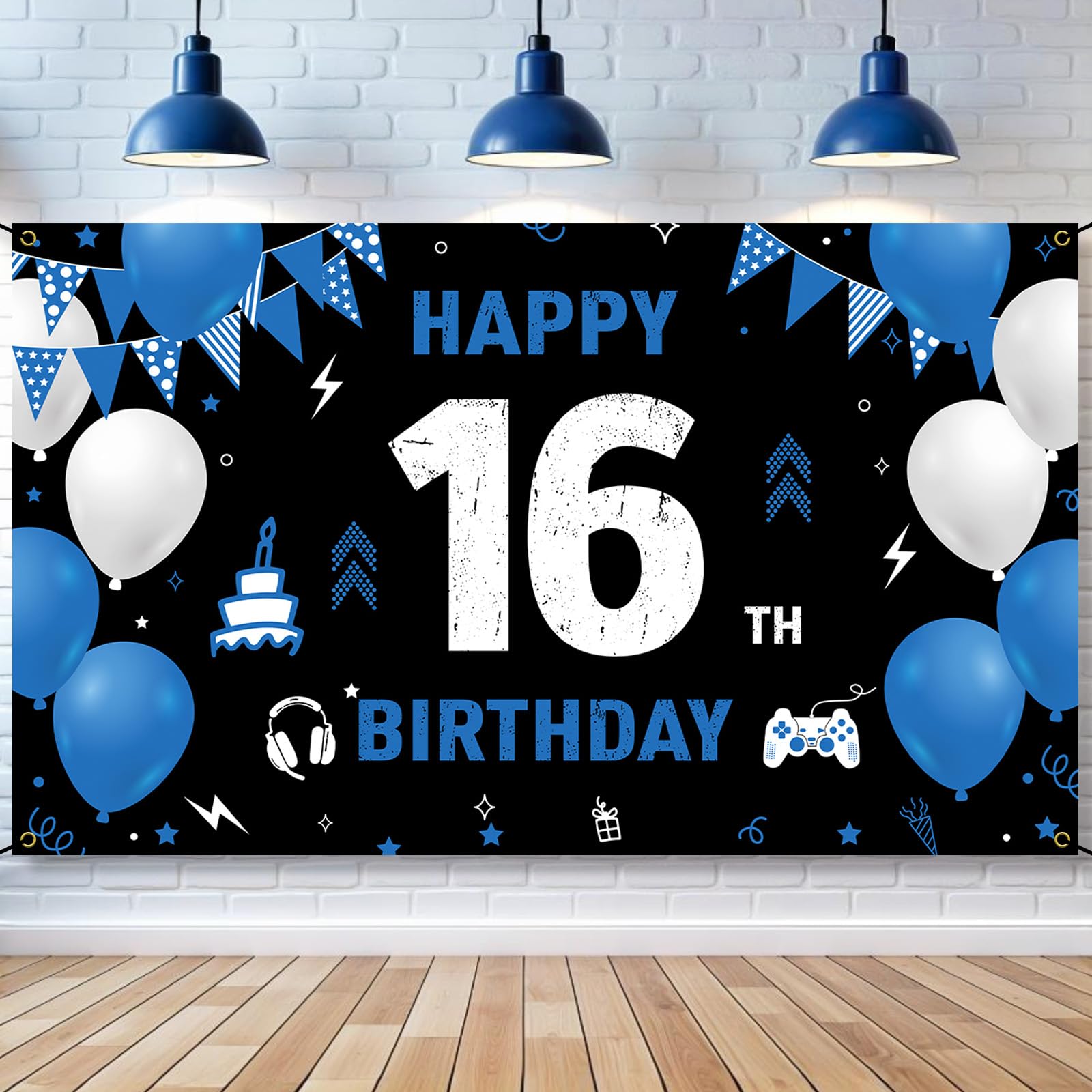Toile de fond 16e anniversaire en tissu bleu pour cacher un mur