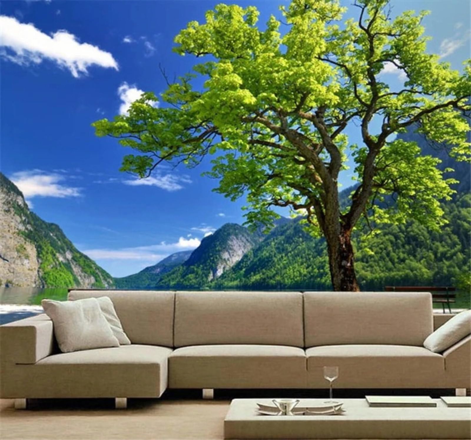 Xlming 150Cm×105Cm(B×H) Blue Sky White Clouds Mountains And Rivers Trees Scenery 3D Wallpaper Luxury Home Dining Decor Paste Sofa Living Room The Wall For Bedroom Mural-150Cm×105Cm