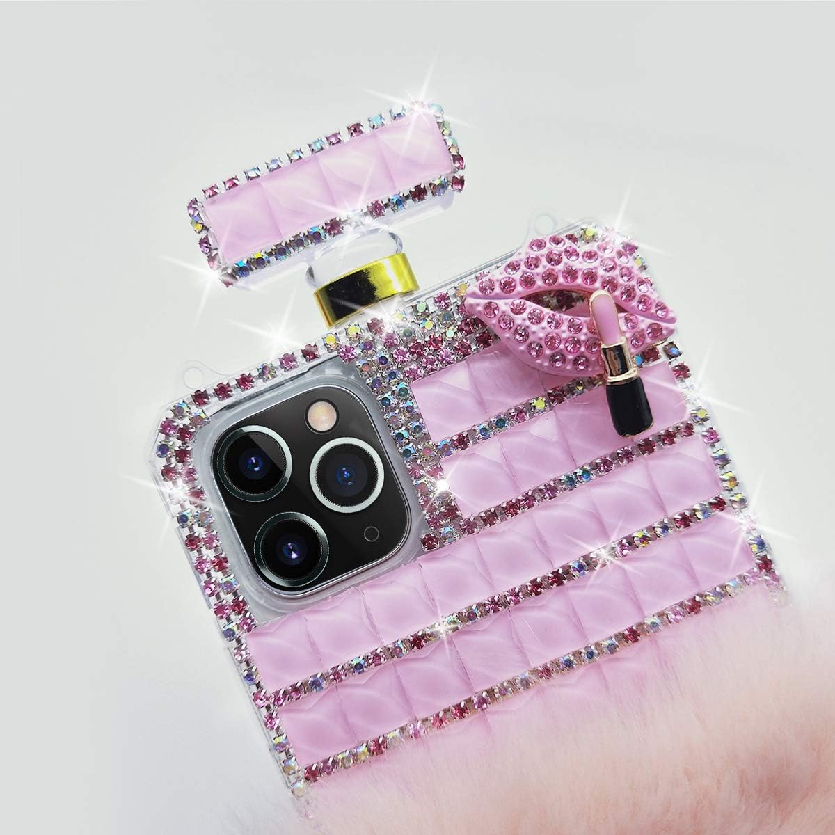 LUVI for iPhone 11 Plush Case Bling Diamond Glitter Crystal Rhinestone 3D Flower Perfume Bottle Cover with Neck Strap Crossbody Chain Case Furry Fuzzy Hair Case for Girls Pink