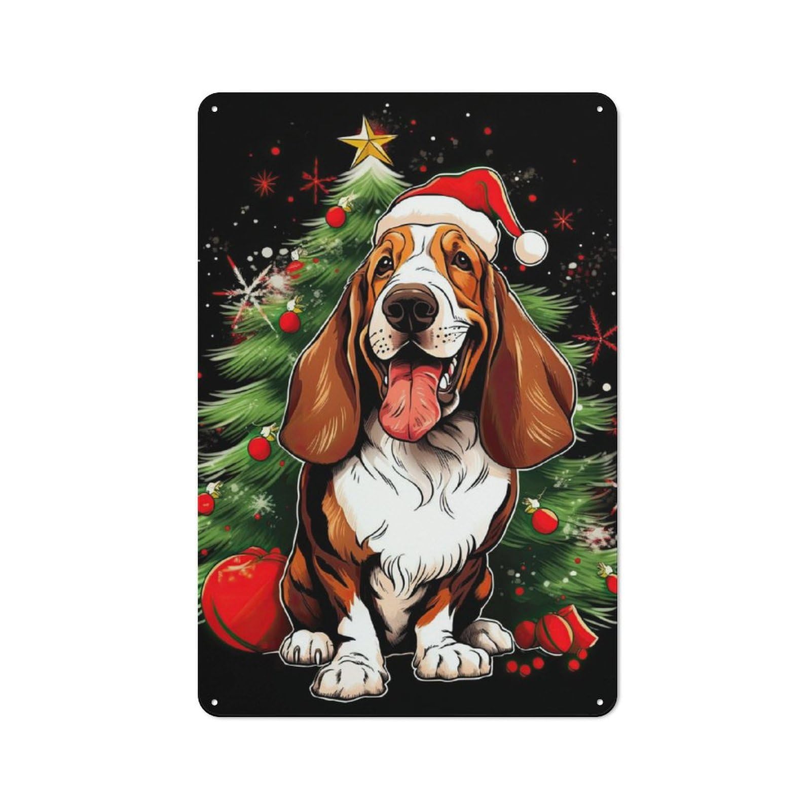 Junmoney Basset Hound Christmas Classic Metal Wall Decor 30X20cm, Decorative Tin Plaque For Cafe, Pub, Workshop Or Home Bar