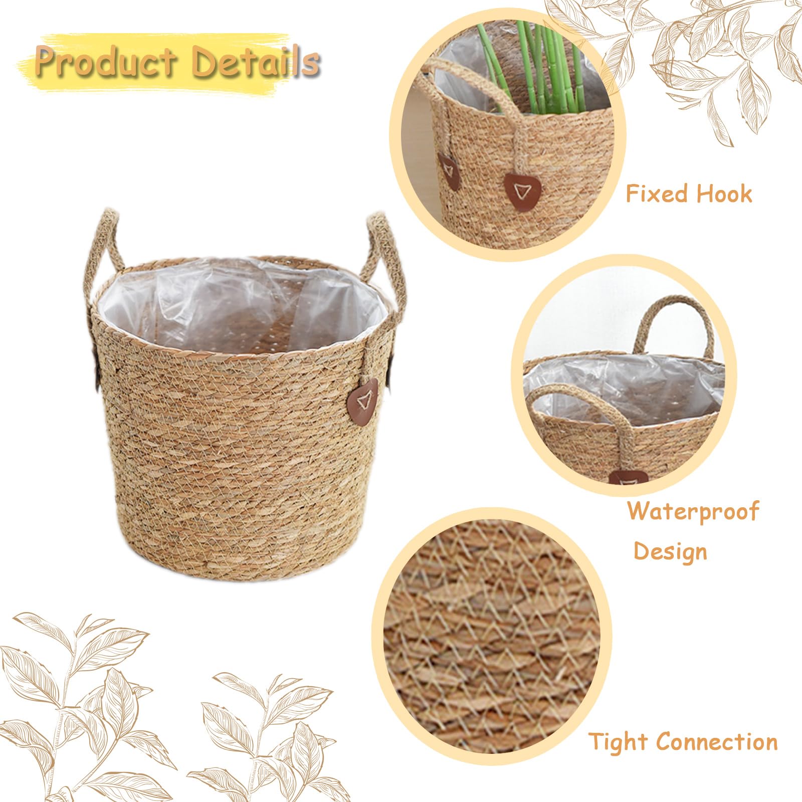 Maceta de mimbre trenzado con asa, cesta de almacenamiento para juguetes, cesta de almacenamiento con asa, hecha a mano (L)
