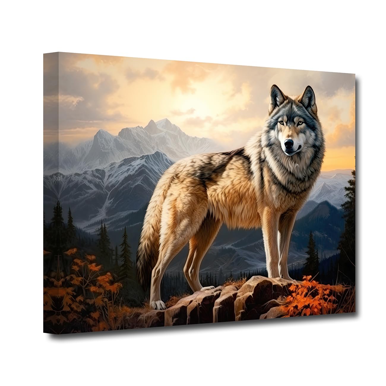 LZIMU Wolf Wall Art Wolf in the Mountain Canvas Art Print Forest Sunrise Animal Painting Abstract Animals Posters for Home Decor Framed (Animal-2