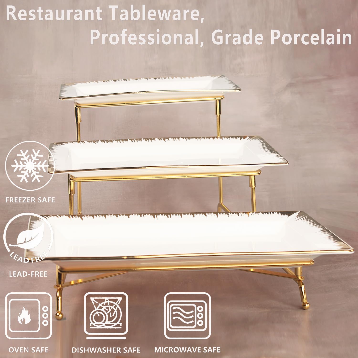 3-Tier Serving Rack with Ceramic Serving Tray, Foldable Gold Stand with 3 Pieces 10.2"/11.8"/13.8" Gold Rim Large Plates for Food Display, Fruit, Dessert Server Display and Entertaining