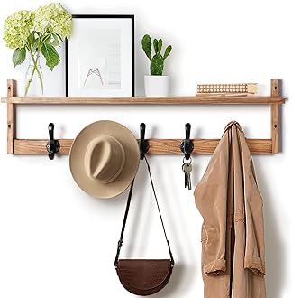 Tatub 29'' Coat Rack Wall Mount with Shelf, Wood Wall Hooks with Storage, Entryway Shelf with 5 Hangers for Bathroom, Living Room, Bedroom, Rustic Brown