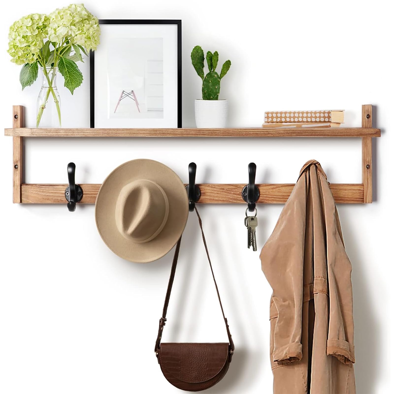 Tatub 29'' Coat Rack Wall Mount with Shelf, Wood Wall Hooks with Storage, Entryway Shelf with 5 Hangers for Bathroom, Living Room, Bedroom, Rustic Brown