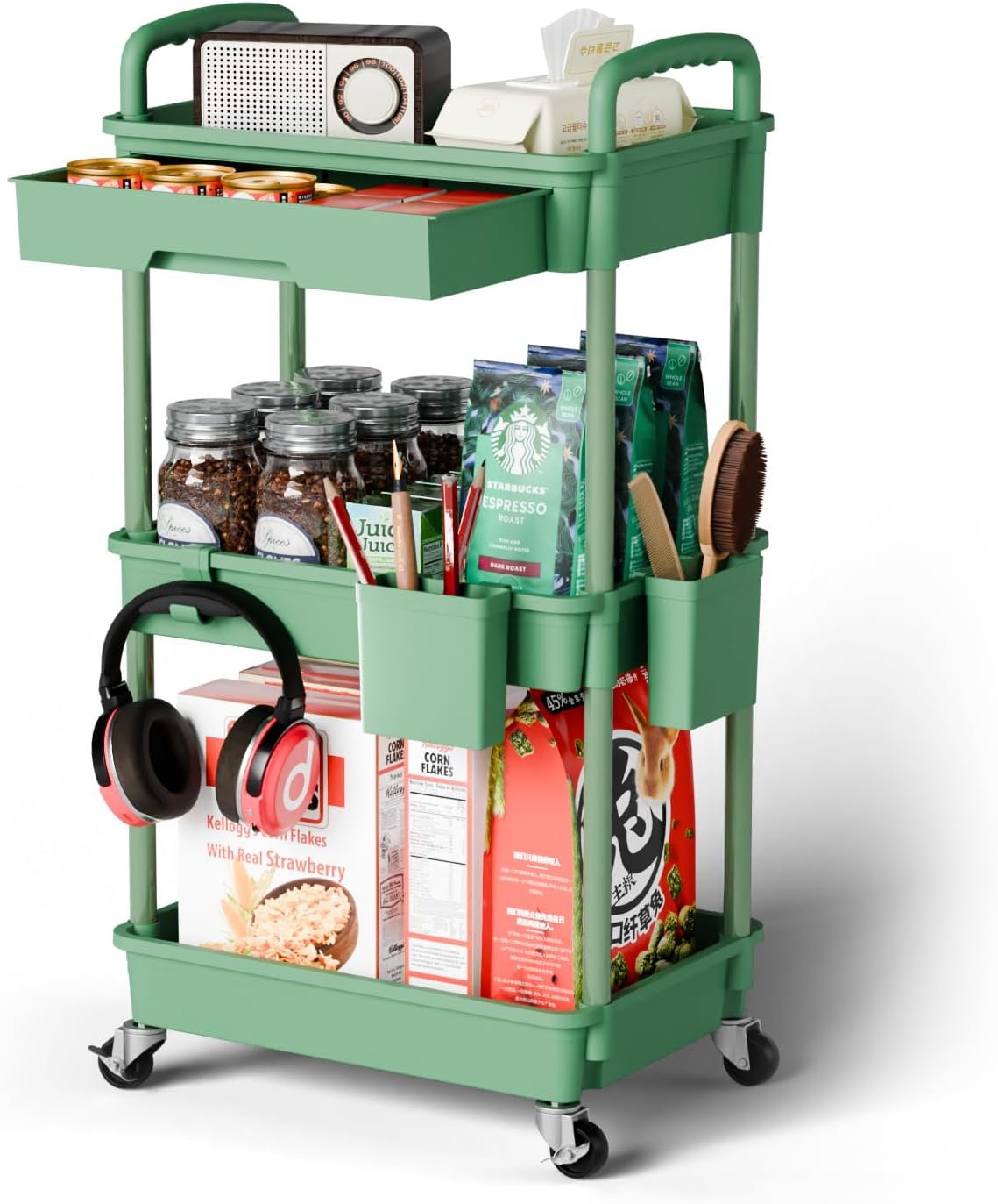 3 Tier Rolling Cart Organizer,Laundry Room Bathroom Organizers and Storage Office Shelves Mobile Shelving Unit Kitchen Trolley Cart with Wheels for Art,Craft,Diaper,Bedside,Snack(Green)