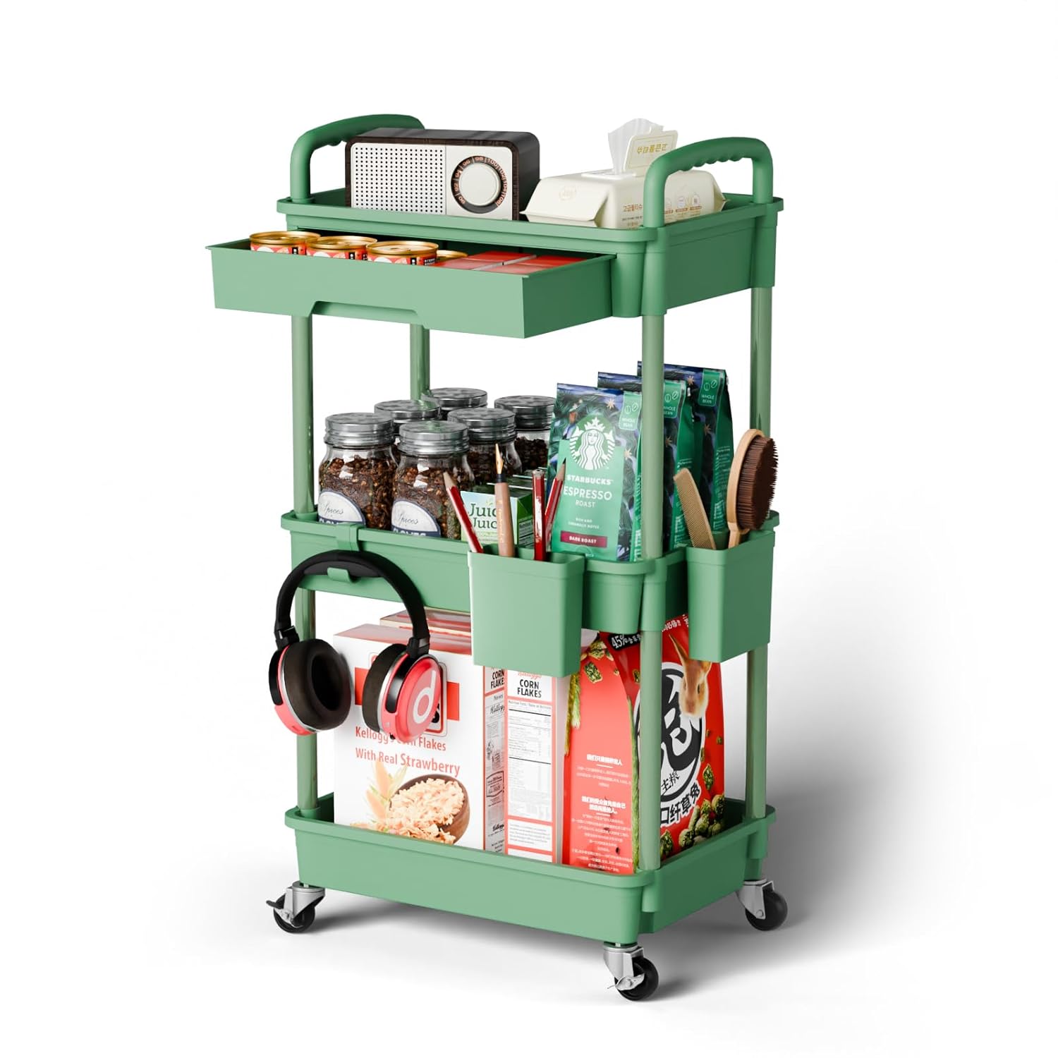 3 Tier Rolling Cart Organizer Laundry Room Bathroom Organizers and Storage Office Shelves Mobile Shelving Unit Kitchen Trolley