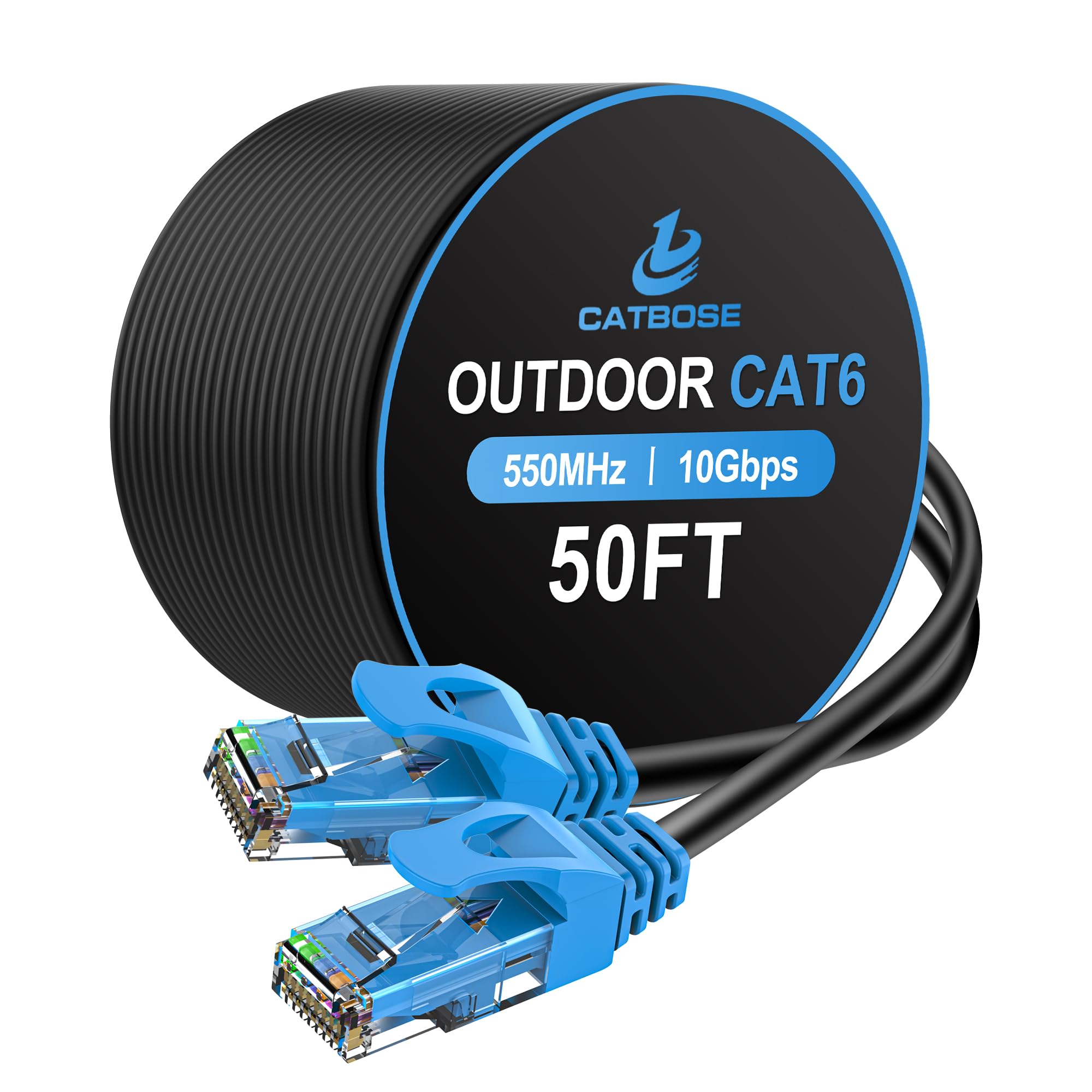CatBose 50FT Outdoor Cat6 Ethernet Cable, Heavy Duty Direct Burial, In-Ground, POE, Waterproof, LLDPE UV Resistant, UTP, 24AWG CCA Solid Cord, Network