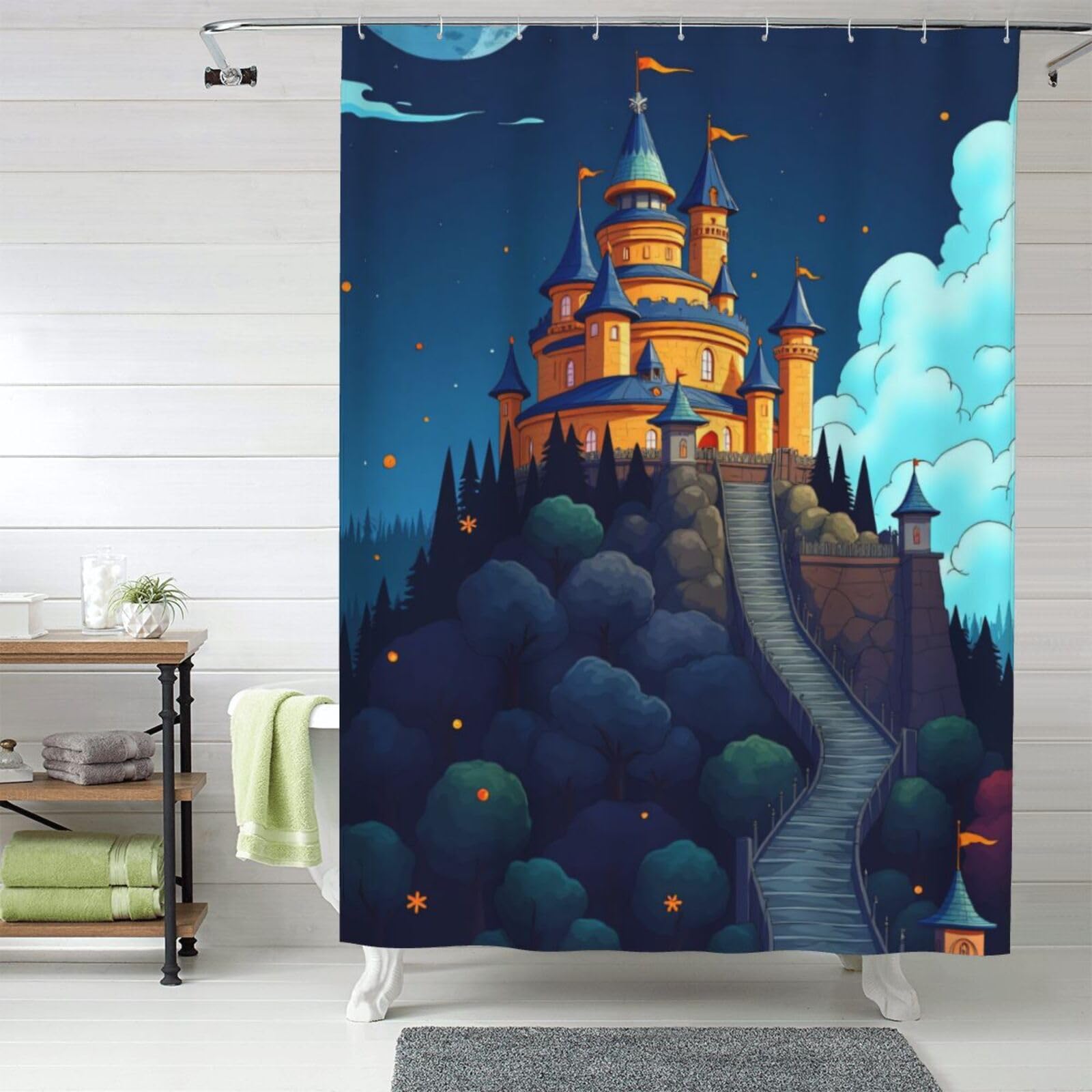 Rideau de douche château de dessin animé orange pour salle de bain enfant