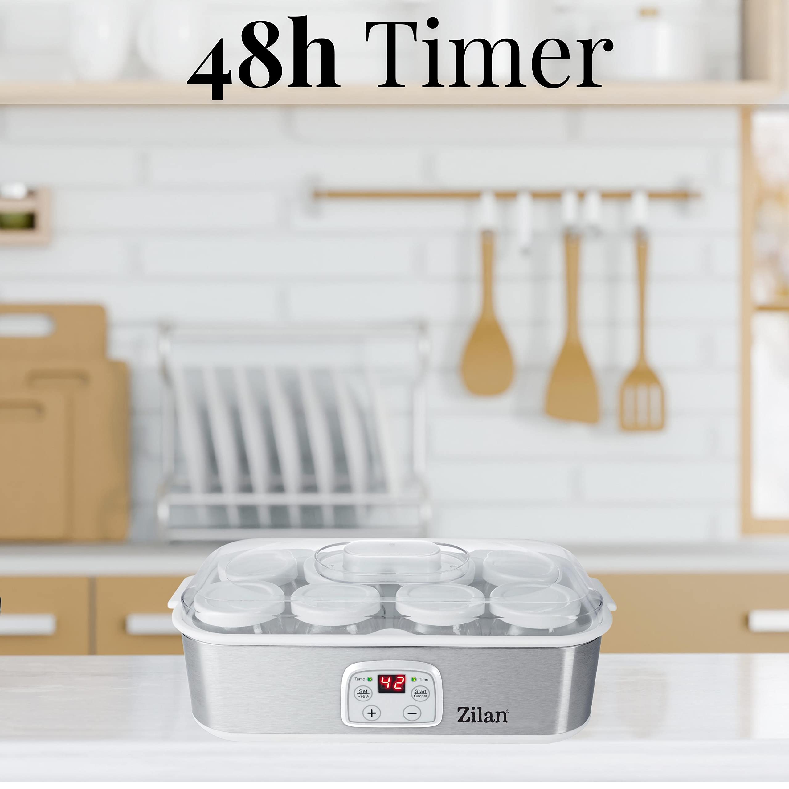 Zilan Joghurt Maker Joghurtmaschine 1,44 Liter 8 Glasflaschen á 180 ml Digitales Display Temperatureinstellung von 20-55°C Joghurtbereiter Joghurtaufbereiter, Weiß