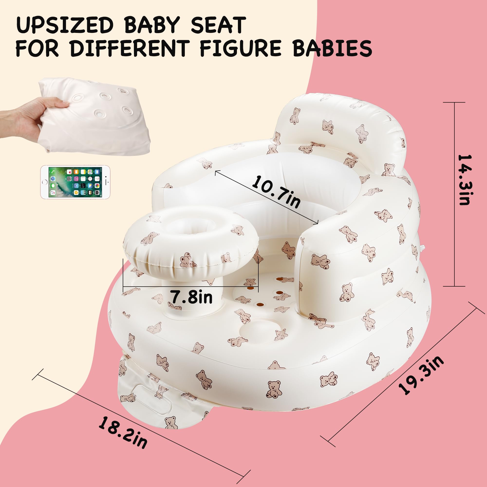 CHIZEKOO Portable Inflatable Baby Seat, Waterproof Infant Floor Chair with Tray for Sitting Up, Built-in Valve Toddler Support Blow Up Baby Chair, Essentials for Newborns Aged 3 to 36 Months (Bear)