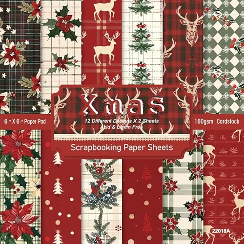 24Sheets Scrapbooking Cardstock Paper Pads, Christmas Decorative Paper 12 Pattern, Christmas Card Stock Pad for Scrapbook Supplies, Scrapbook Craft Paper for Gift Card Making Photo Album (ChristmasD)