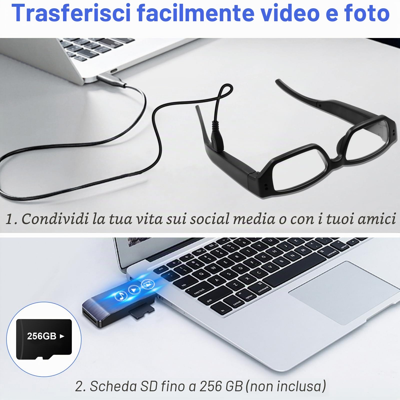 Telecamera Nascosta Occhiali 1080P HD, Portatile Telecamera Spia Bicchieri, Spy Cam Microcamera Supporto Registrazione Video/Fotografia