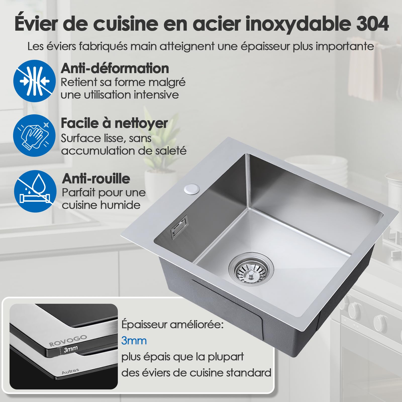 ROVOGO 50 x 38 cm Evier Cuisine en 304 Acier Inox, Kit de Vidage d'évier de Cuisine avec Trop-plein, Évier de Cuisine avec Trous pour Robinet, Lavabo Cuisine 1 Bac Brossée