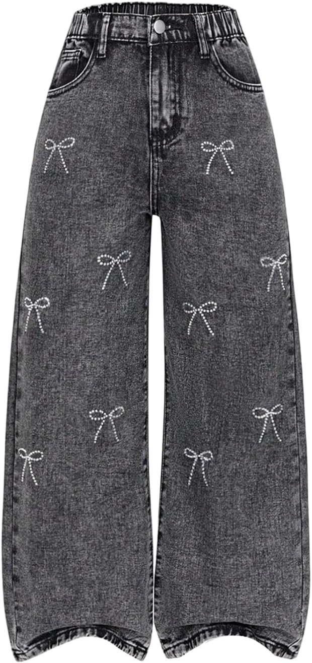 SweatyRocks Girl's Rhinestone Bow Elastic Waist Jeans Y2k Loose Straight Leg Denim Pants