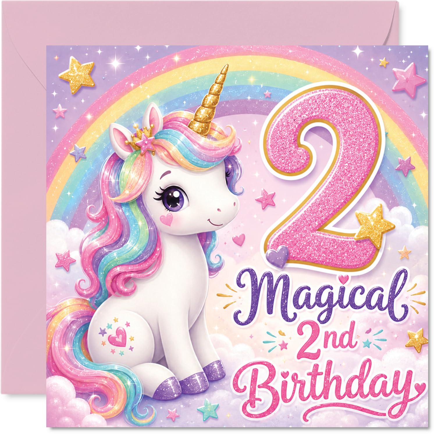 Cute 2nd Birthday Card - Sprinkle Some Birthday Magic - Pastel Unicorn, Rainbow and Glittery Number 2 - Whimsical Vibes for a Special Day - 145mm Square, Envelope Included